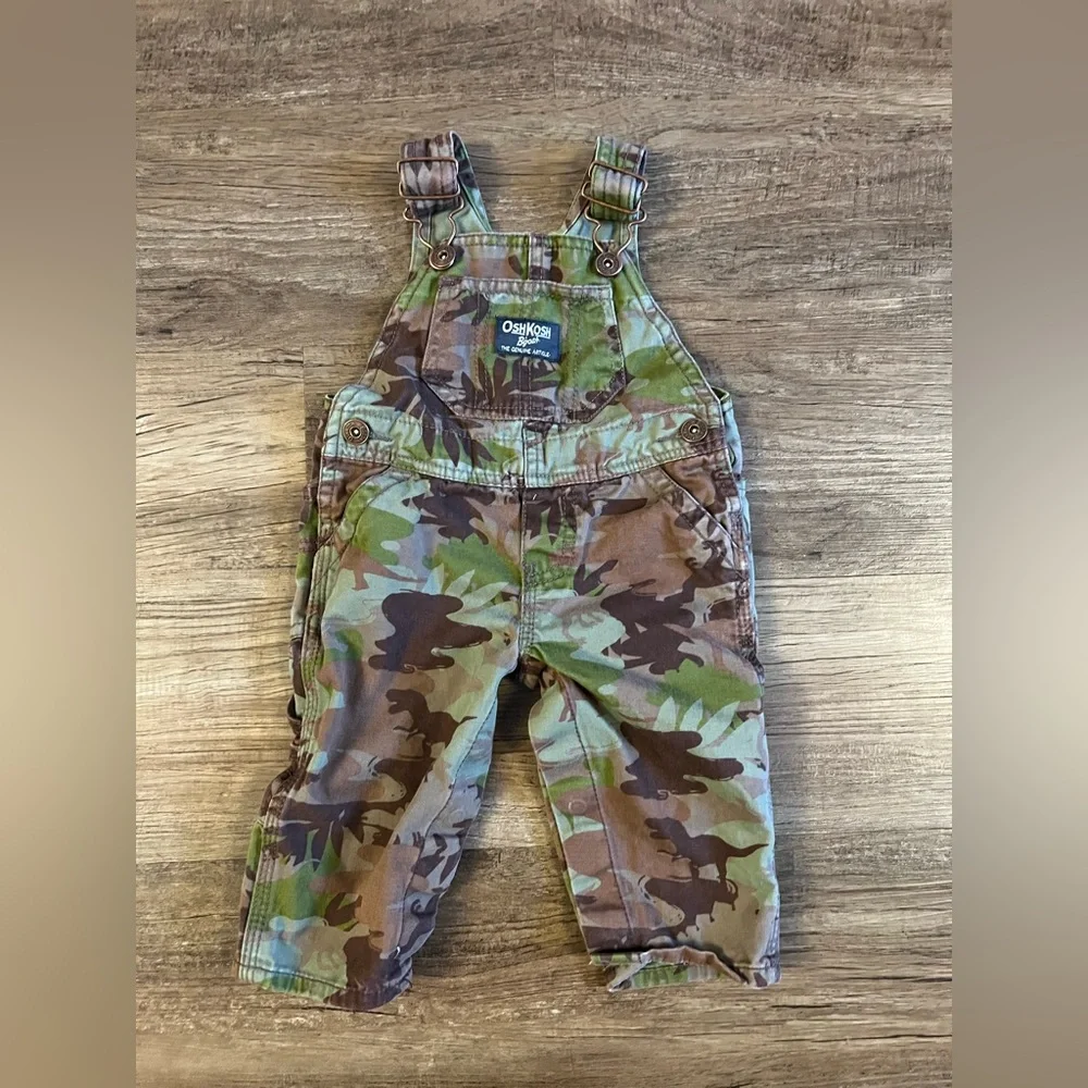 Baby Boy 6 Mth OshKosh B'Gosh Toddler Dinosaur Camouflage Overalls Bibs Camo H31